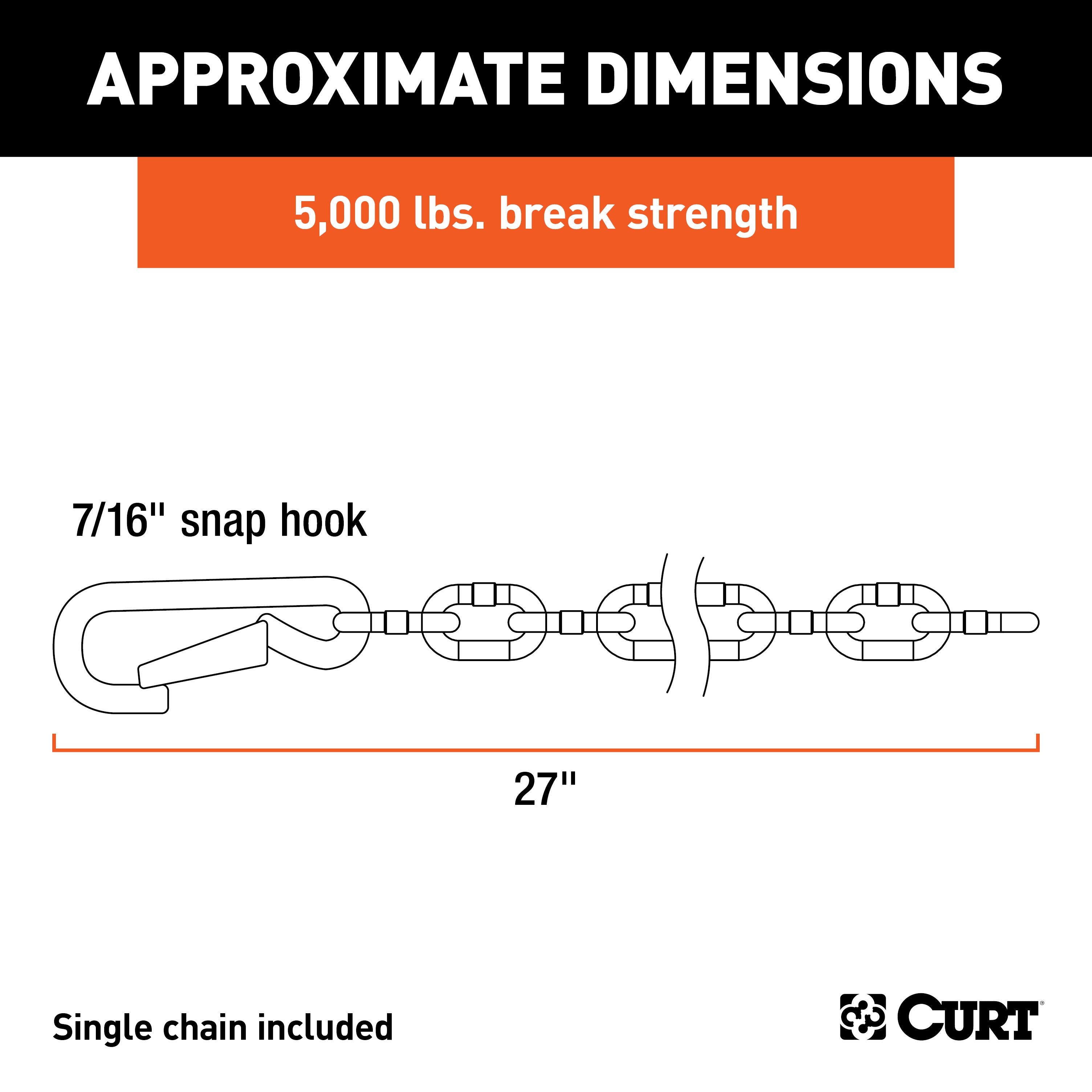 CURT 27-Inch Trailer Safety Chain with 7/16-In Snap Hook, 5,000 lbs Break Strength Model 80313