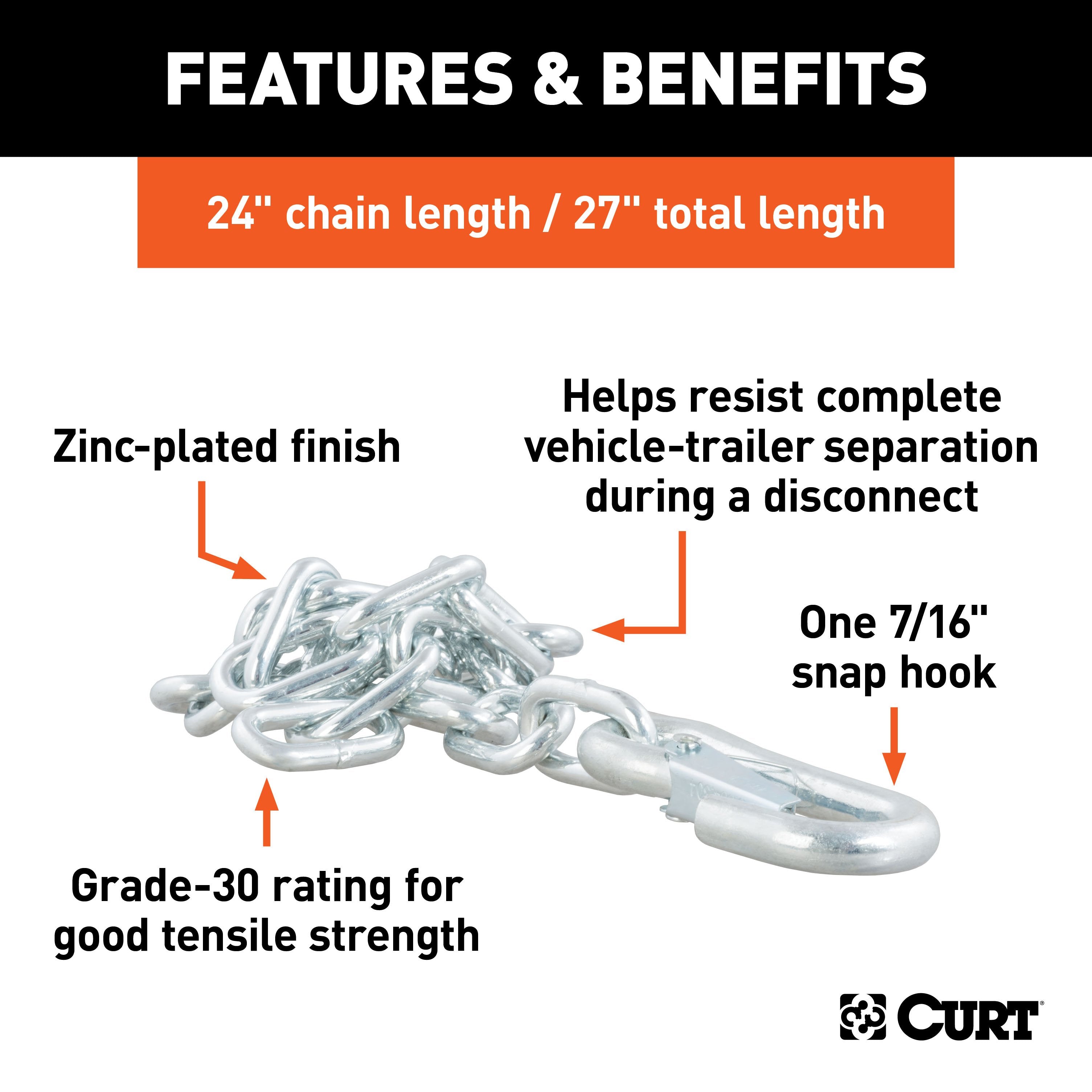 CURT 27-Inch Trailer Safety Chain with 7/16-In Snap Hook, 5,000 lbs Break Strength Model 80313