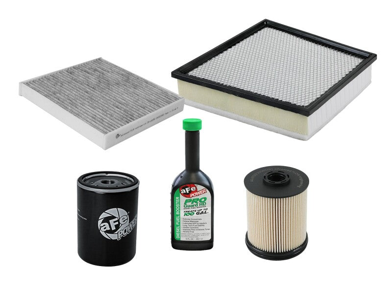 aFe PROGUARD Filter Master Pack for GM Diesel Trucks 2017-2019 includes air, oil, and cabin filters with cleaning solution.