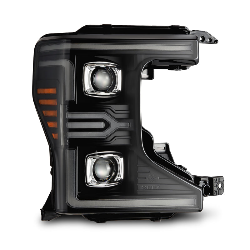 AlphaRex LUXX-Series LED projector headlights for 20-22 Ford F-250/350/450/550, featuring a sleek black design and integrated lights.