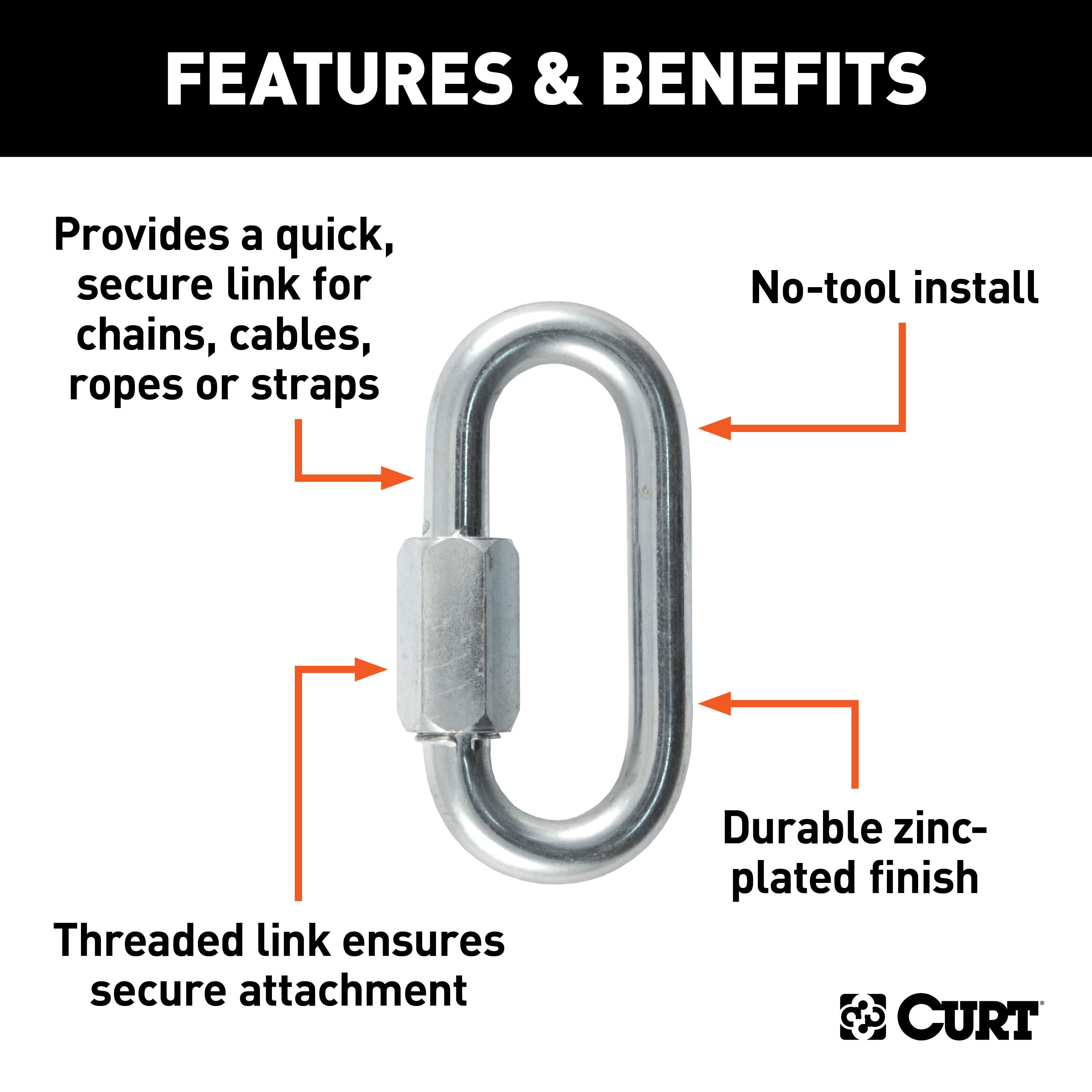 CURT Threaded Quick Link Trailer Safety Chain Hook Carabiner Clip, 3/8-Inch Diameter, 11,000 lbs Break Strength Model 82933