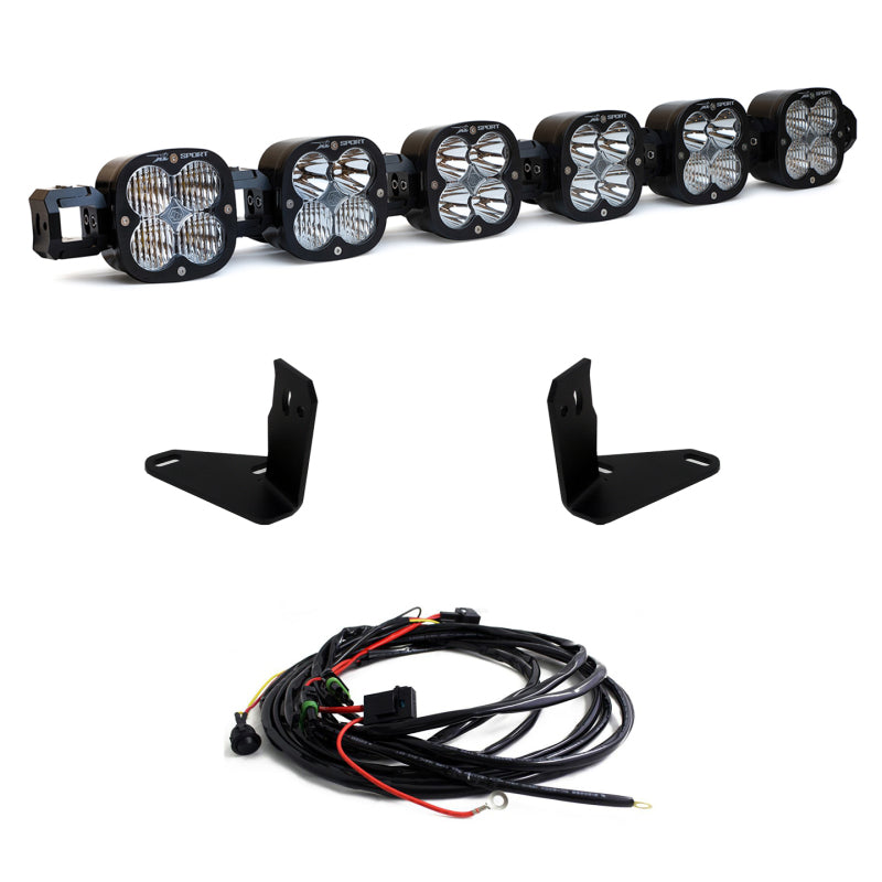 Baja Designs 2021+ Ford Bronco 6 XL linkable light bar with mounting brackets and wiring harness for steel bumper installation.