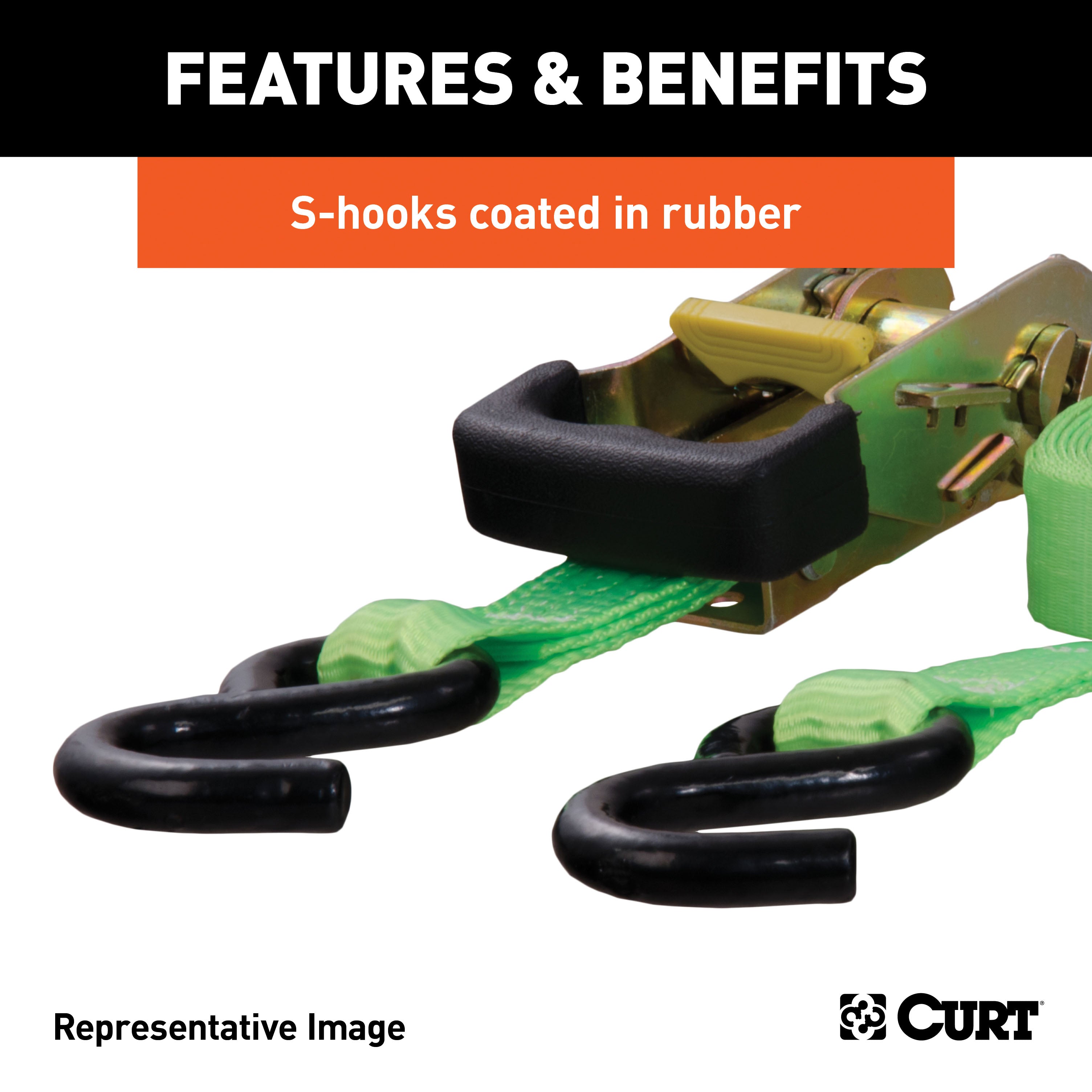 CURT 1-Inch x 16-Foot Lime Green Nylon Ratchet Straps, 3,300 lbs. Break Strength, 2-Pack Model 83028