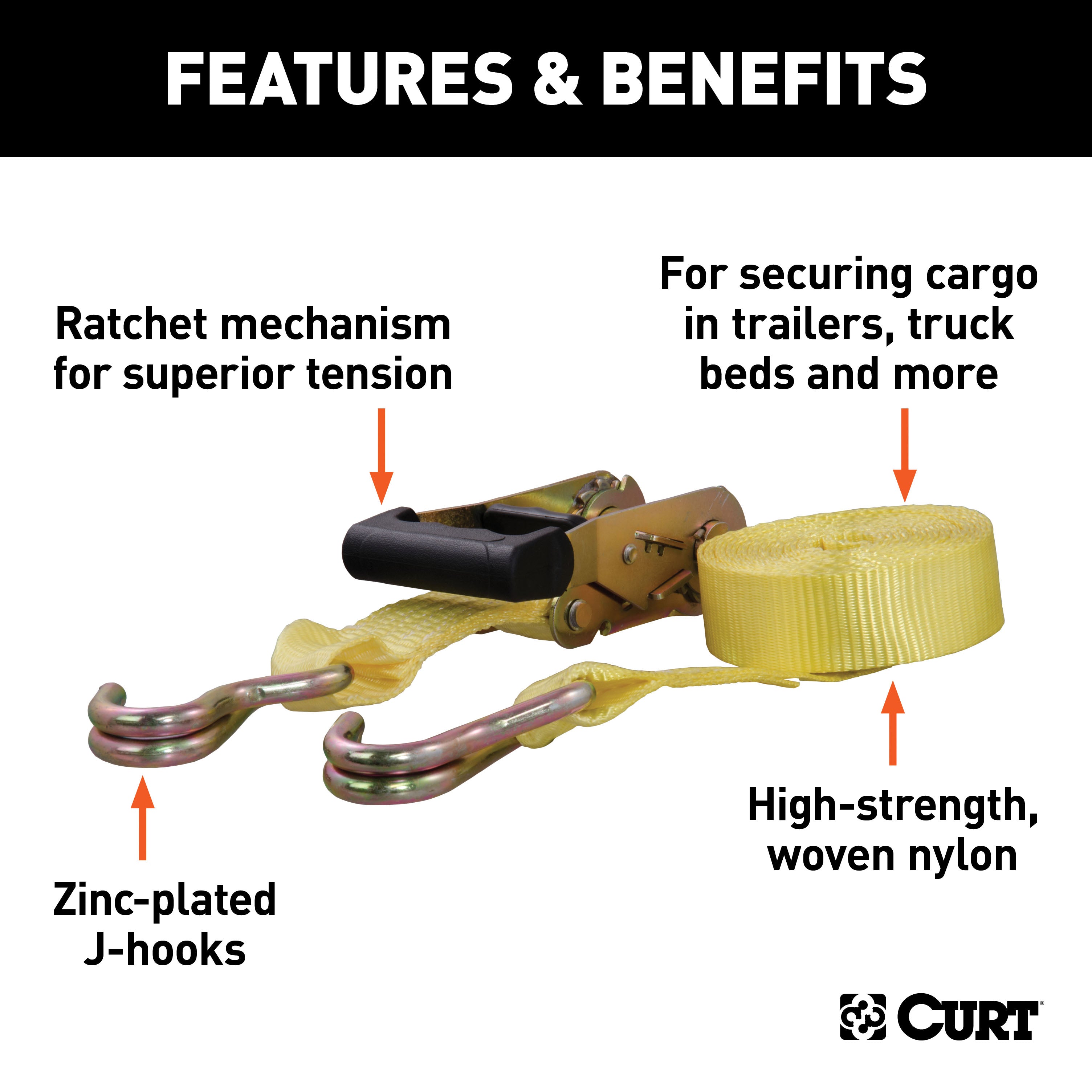 CURT 1-1/2-Inch x 14-Foot Yellow Nylon Ratchet Strap, 5,000 lbs. Break Strength Model 83036