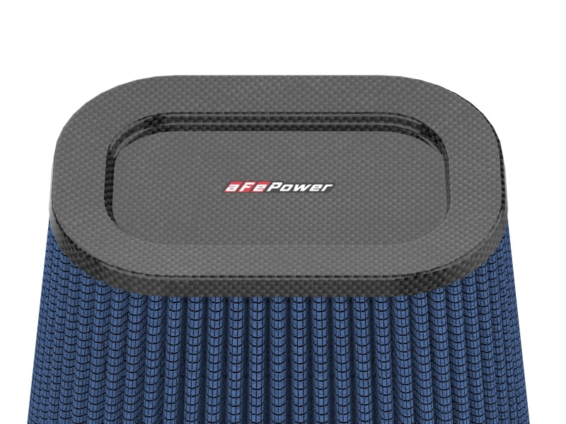 afe Track Series replacement air filter featuring a blue textured design and a carbon fiber top, designed for optimal airflow.