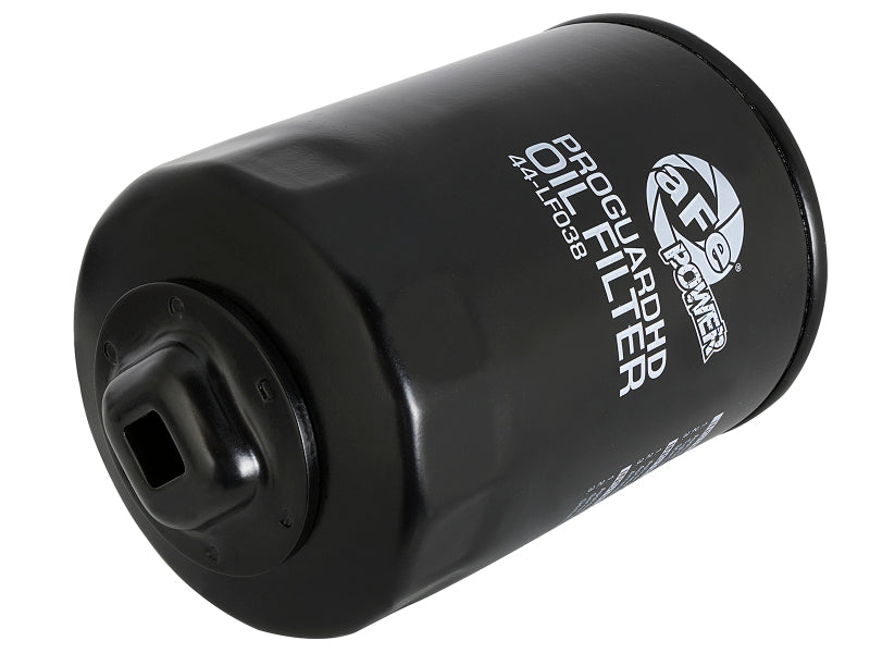 aFe ProGuard oil filter designed for high-performance vehicles, featuring a durable black exterior and a square drive fitting.