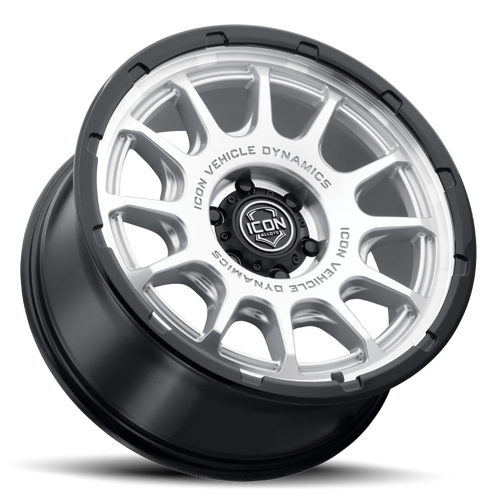 Rancho 20 X 9 / 5 X 5 -12MM Offset 4.5 Inch Back Space Silver Machined W/ Gloss Black Lip, ICON Alloys