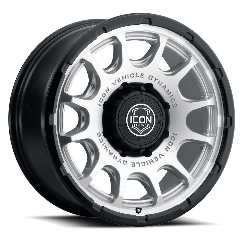 Rancho 20 X 9 / 8 X 180 12MM Offset 5.5 Inch Back Space Silver Machined W/ Gloss Black Lip, ICON Alloys