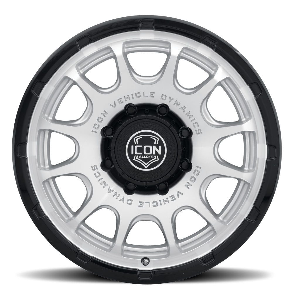 Rancho 20 X 9 / 8 X 180 12MM Offset 5.5 Inch Back Space Silver Machined W/ Gloss Black Lip, ICON Alloys