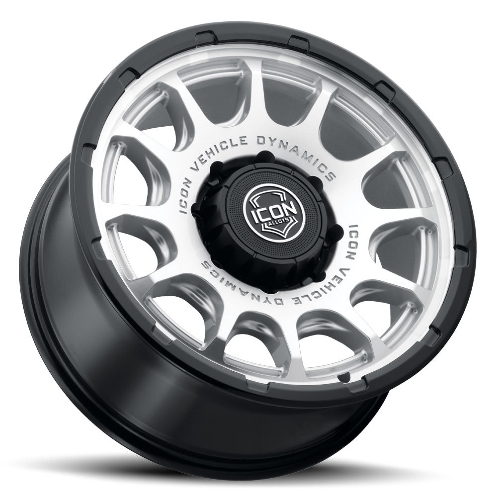 Rancho 20 X 9 / 8 X 180 12MM Offset 5.5 Inch Back Space Silver Machined W/ Gloss Black Lip, ICON Alloys