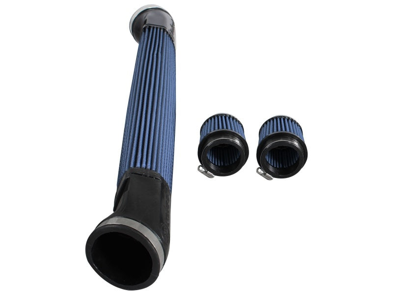 afe Takeda Intake Replacement Air Filter set featuring a blue filter and two couplers for enhanced engine performance.
