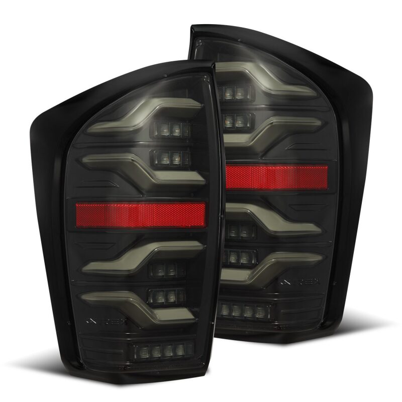 AlphaRex LUXX LED taillights for 2016-2021 Toyota Tacoma in black with sequential signal and active light features.