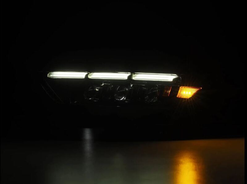 AlphaRex NOVA LED projector headlights for 15-17 Ford Mustang in alpha black with sequential signals and DRL.