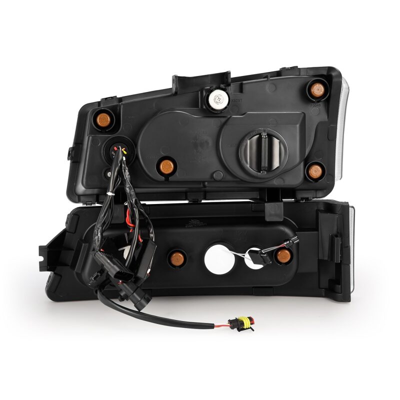 AlphaRex NOVA LED projector headlights for 03-06 Chevy Silverado and Avalanche, showcasing rear wiring and mounting details.