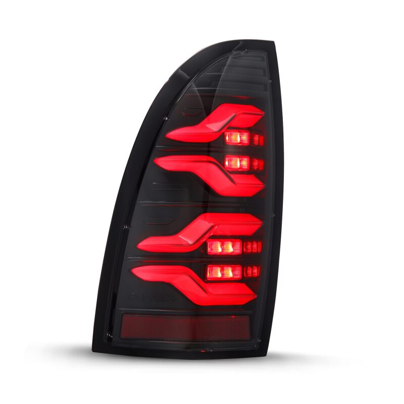 AlphaRex LUXX LED taillights for 05-15 Toyota Tacoma in black with sequential signal and activation light features.