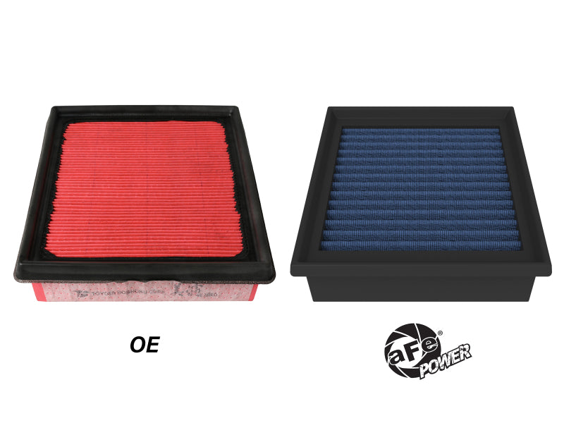 aFe Magnum FLOW OE replacement air filter for Toyota Prius 2023-2025, showcasing red and blue filter designs for optimal airflow.