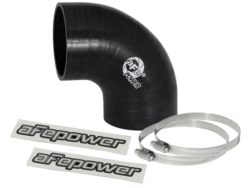 Black 90-degree elbow coupler for aFe Magnum FORCE Intake, includes two stainless steel clamps and stickers.