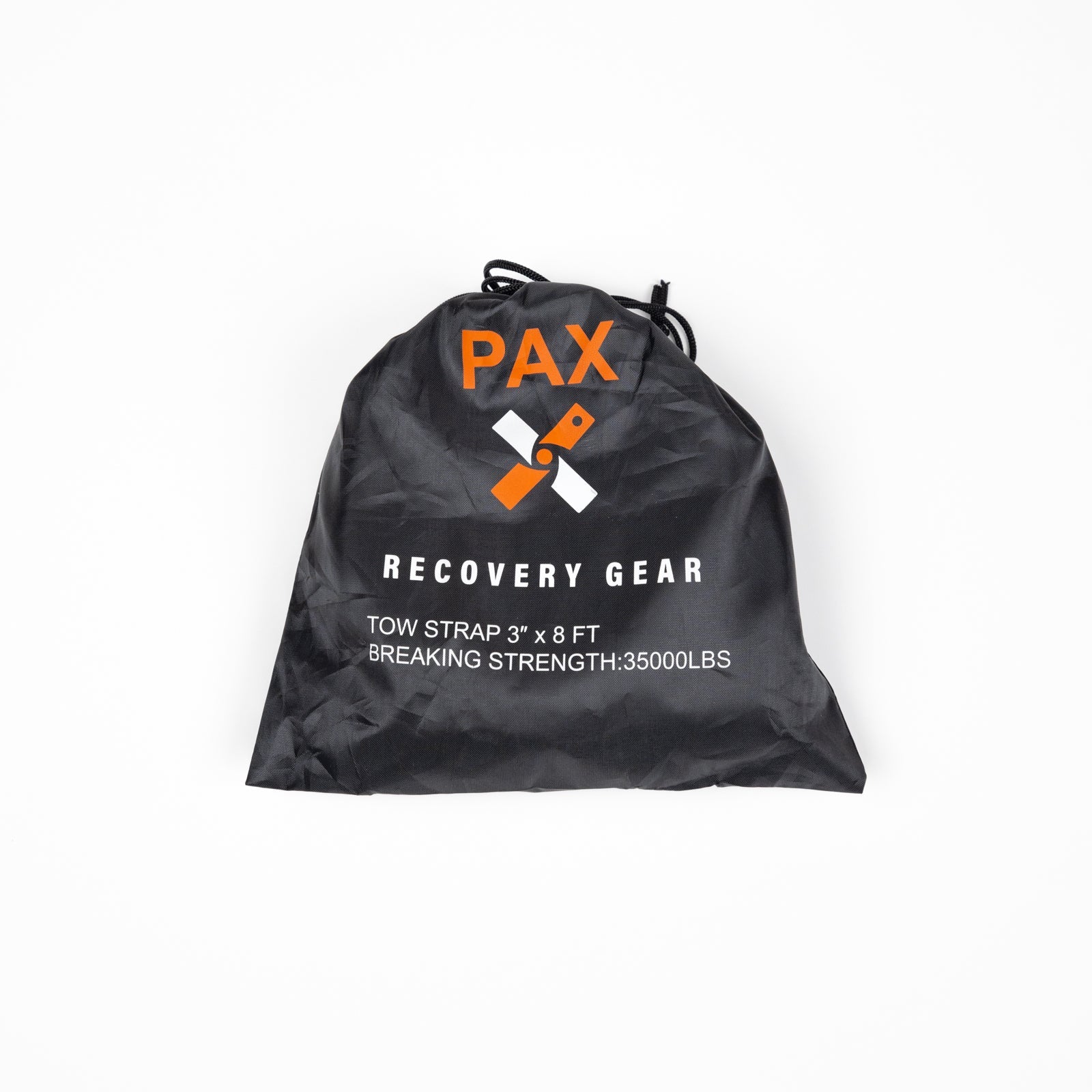 8-foot tree saver recovery strap in a black pouch with orange logo, designed for offroad towing and recovery.
