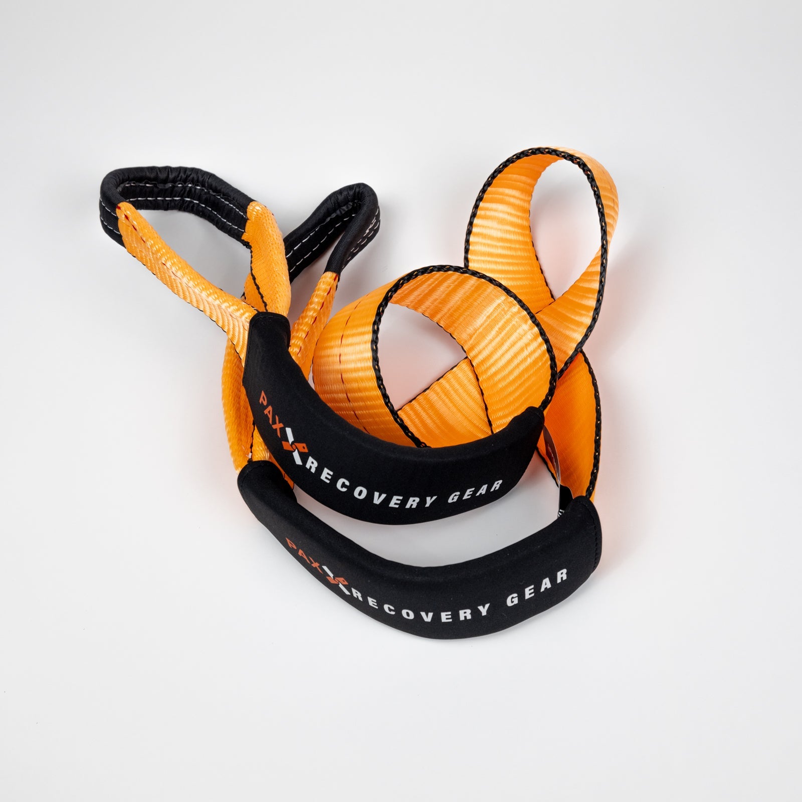 8-foot tree saver strap with durable orange webbing and protective black sleeves for offroad recovery use.