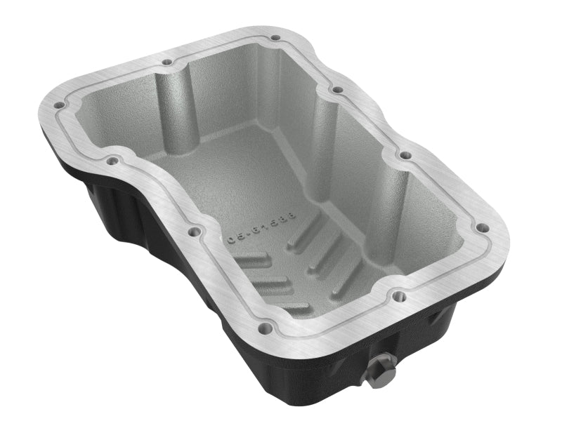 aFe POWER transmission pan for Jeep Wrangler JL 2018-2025, designed for L4-2.0L engines, featuring a durable aluminum construction.