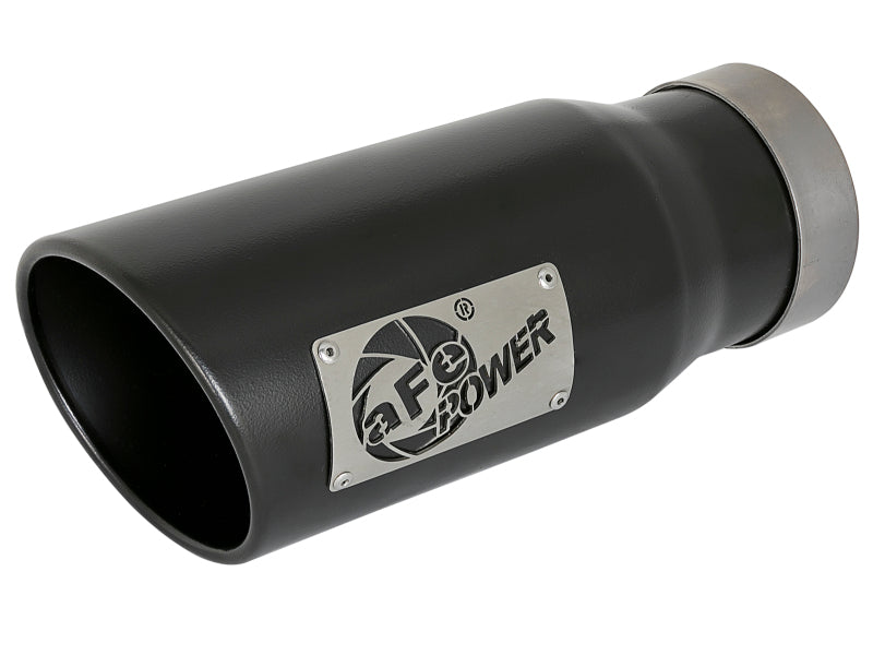 Black afe MACH Force-Xp universal exhaust tip with a 4-inch inlet, 5-inch outlet, and 12-inch length, featuring a metal logo plate.