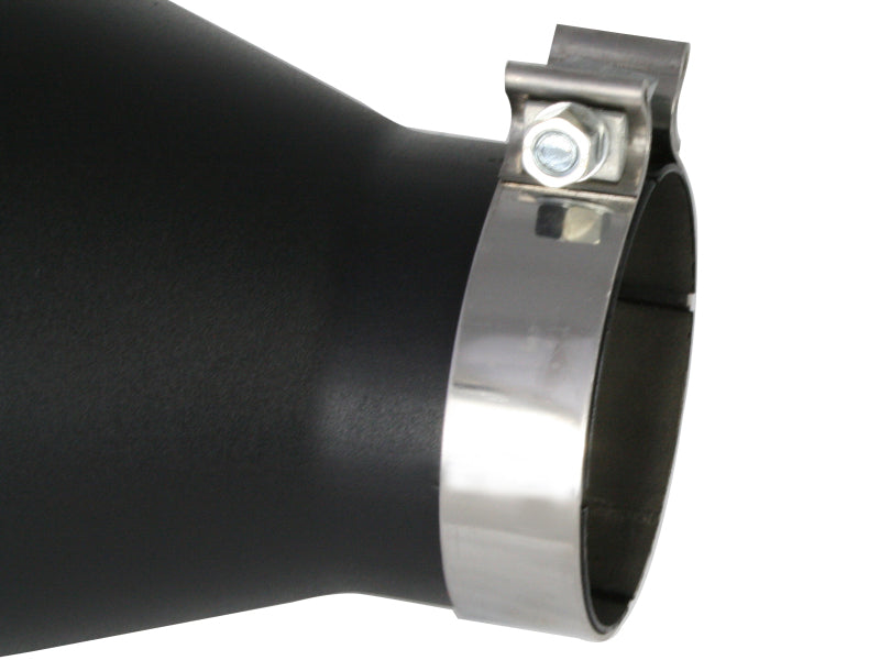 Afe MACH Force-Xp universal exhaust tip with a 4-inch inlet, 7-inch outlet, and 18-inch length, featuring a stainless steel clamp.