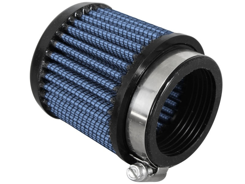 afe Takeda Intake Replacement Air Filter featuring a blue mesh design with a cylindrical shape and metal clamp.