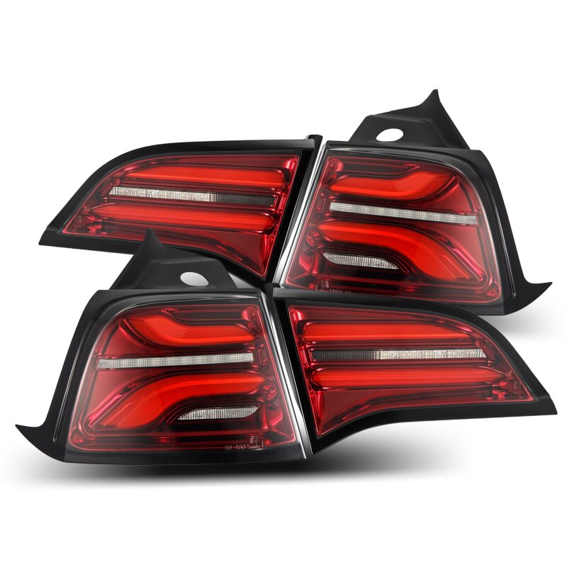 AlphaRex PRO-Series LED tail lights for 2017-2022 Tesla Model 3 in red smoke with sequential signals.