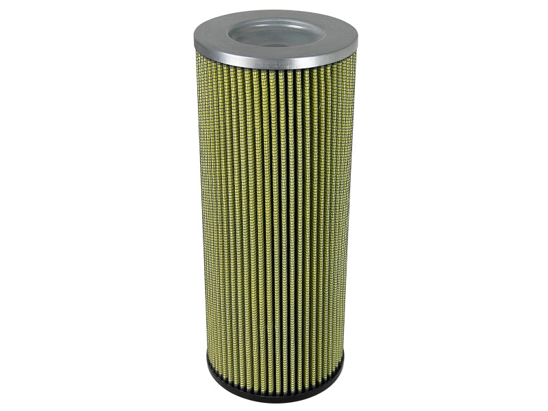 Afe Magnum FORCE replacement air filter with a cylindrical design, featuring a yellow pleated filter media and metal ends.