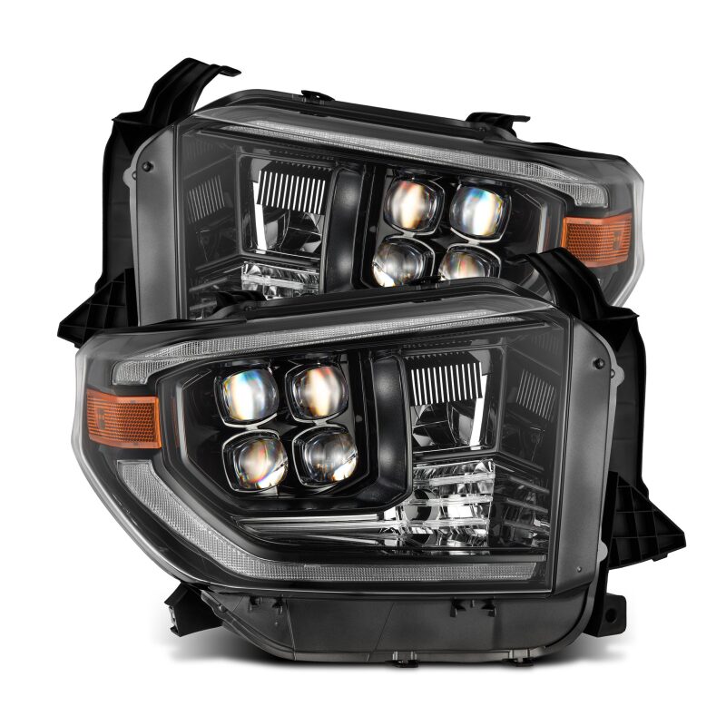 AlphaRex NOVA-Series LED projector headlights for 2014-2021 Toyota Tundra in black with sequential signals and DRL.