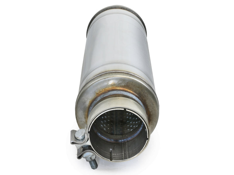 Afe MACH Force-Xp round muffler with 3-inch inlet, 5-inch diameter, and 19-inch length, showcasing a polished stainless steel finish.