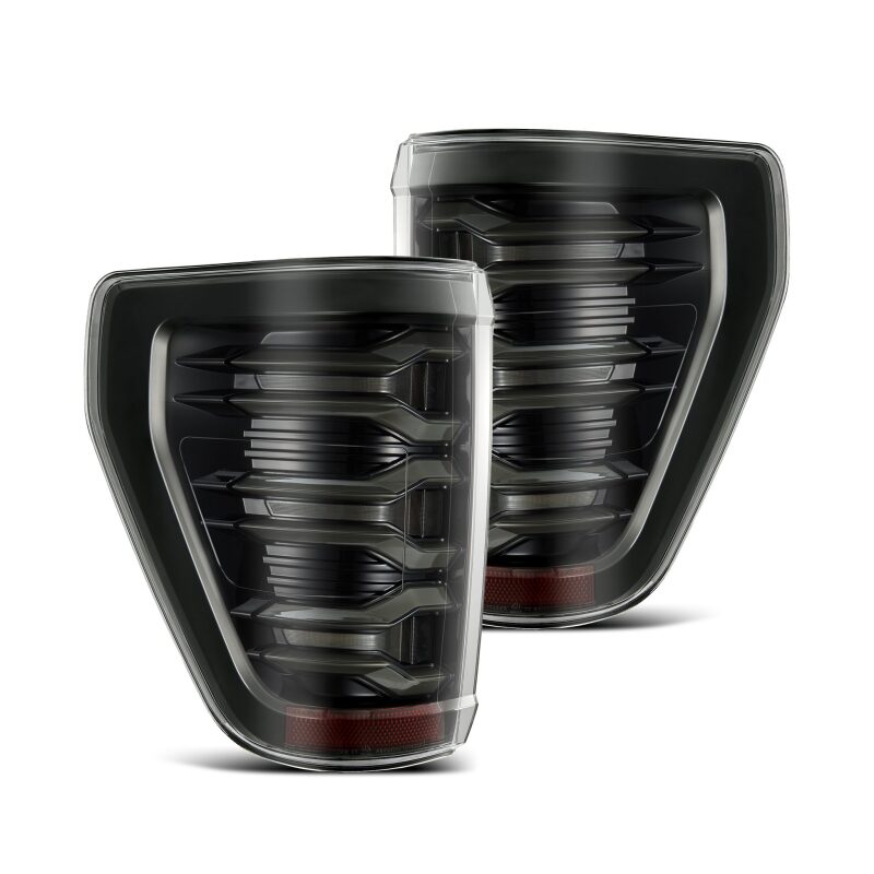 AlphaRex LUXX LED projector tail lights for 2021-2022 Ford F150 in alpha-black finish, featuring a modern design.