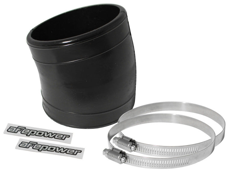 Black afe Magnum FORCE Intake Coupling Kit featuring a 3-1/2 inch ID elbow coupler, two stainless steel clamps, and stickers.