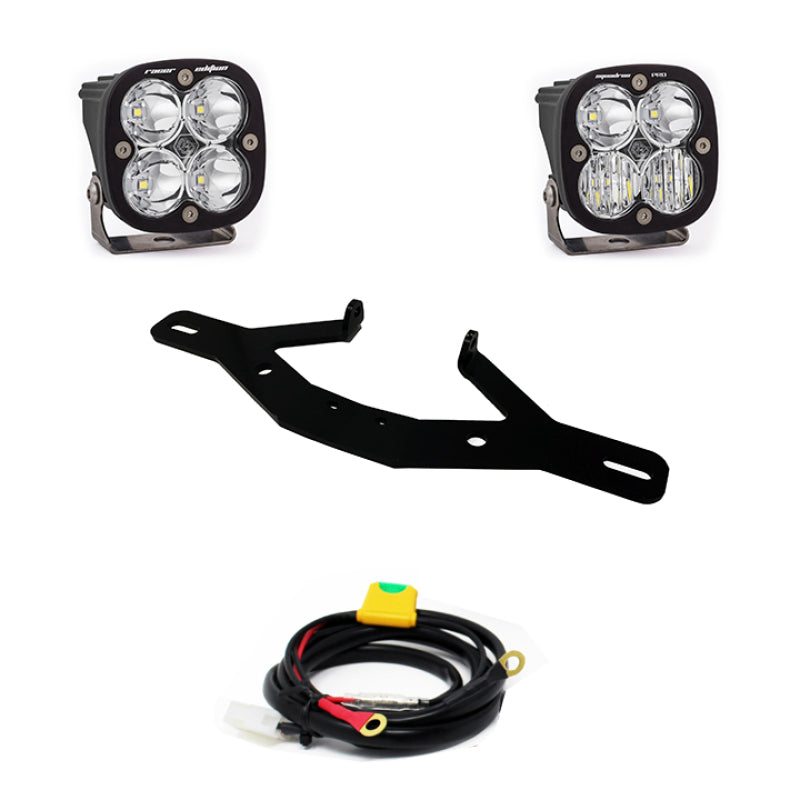 Baja Designs 2019+ KTM 790 Light Kit featuring Dual Squadron Pro/Racer lights, mounting bracket, and wiring harness.