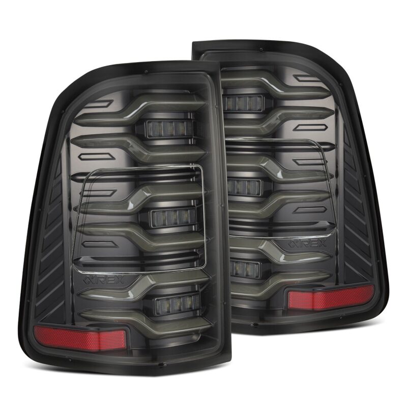 AlphaRex Luxx-Series LED tail lights for 19-21 Dodge Ram 1500 in alpha-black with sequential signals and active light feature.