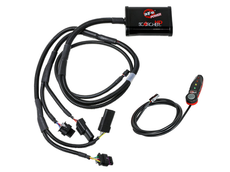 afe SCORCHER Power Module for 2023-2025 GM Trucks and SUVs with L6-3.0L engine, featuring wiring harness and control switch.