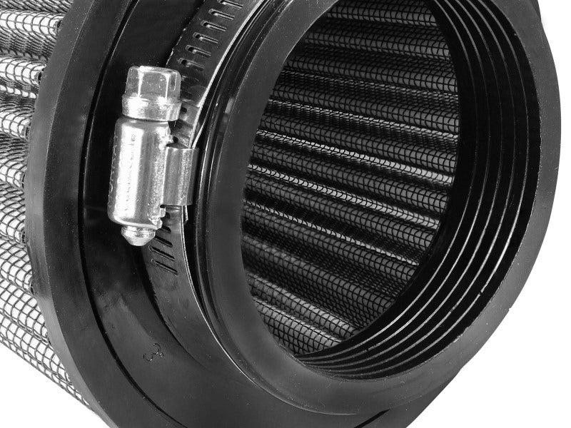 aFe Magnum FLOW Pro DRY S Replacement Air Filter with a cylindrical design and mesh structure for enhanced airflow.