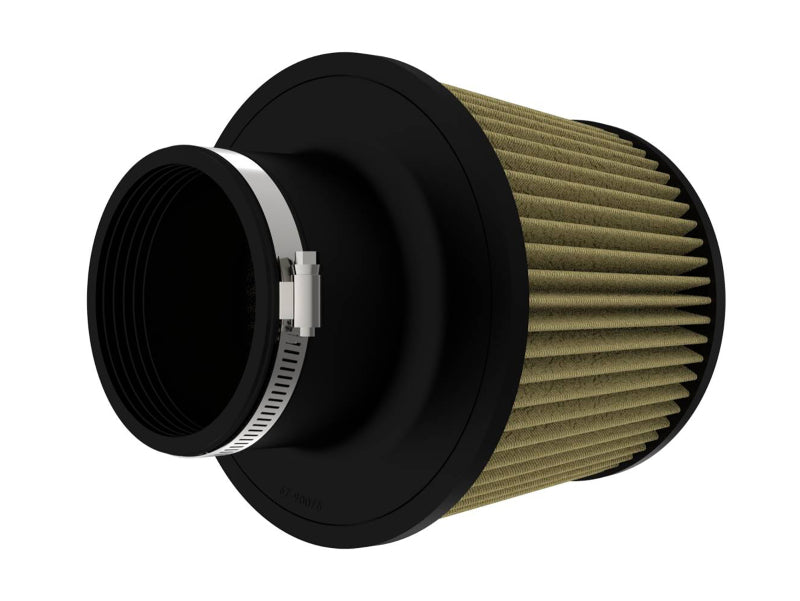 afe Magnum FLOW universal air filter features a cylindrical design with a black exterior and pleated filter media, measuring 4 inches in diameter and 7 inches in height.