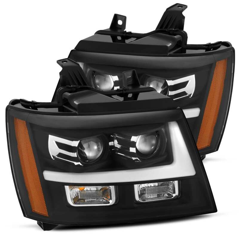 AlphaRex LUXX-Series LED projector headlights for 07-14 Chevrolet Tahoe/Suburban in black with DRL and sequential features.