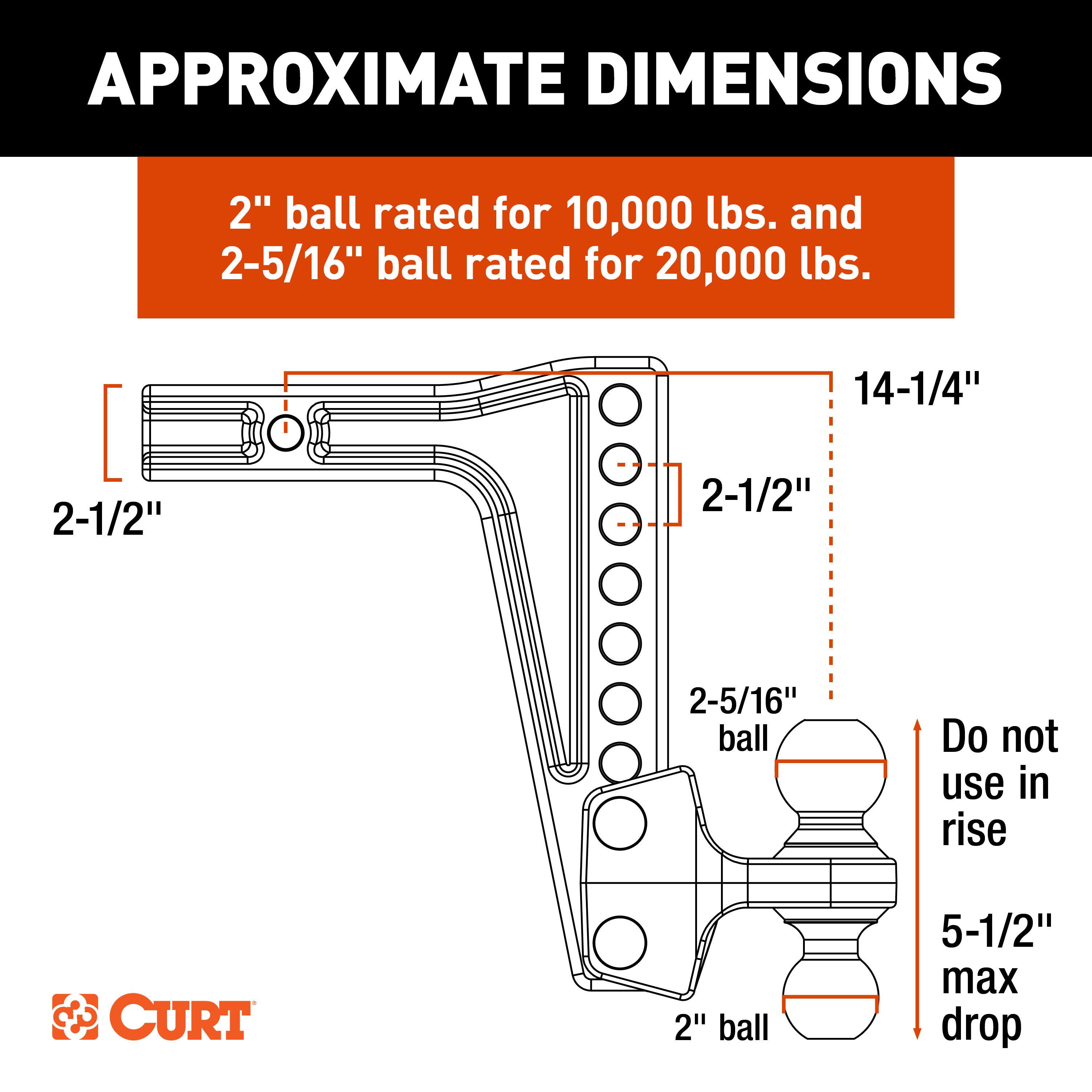 CURT HD Deep-Drop Adjustable Trailer Hitch Ball Mount with Dual Ball, 2-1/2" Shank, Up to 20,000 lbs Model 45939