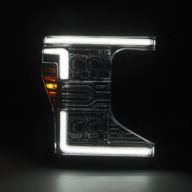 AlphaRex NOVA-Series LED projector headlights for 20-22 Ford F-250/350/450/550 with chrome finish and daytime running lights.