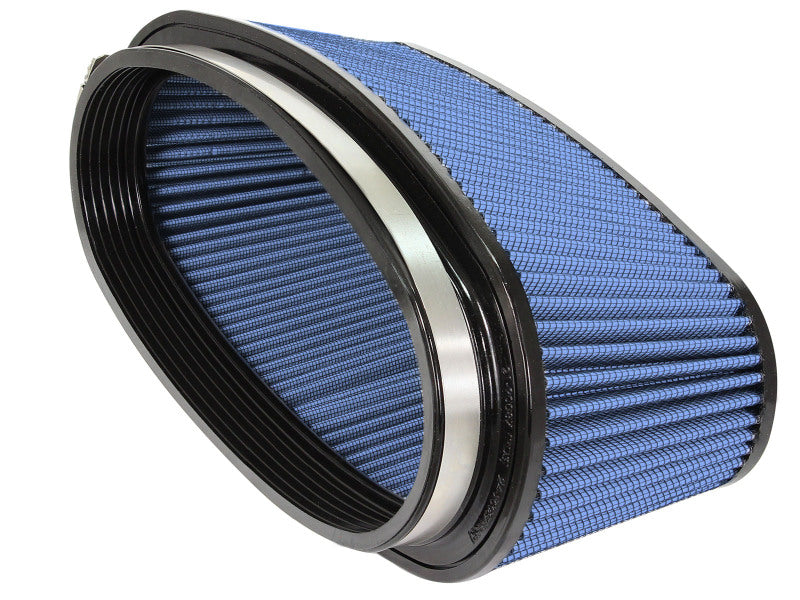 Blue afe Magnum FORCE replacement air filter with a cylindrical design, featuring a textured surface and metal ring.