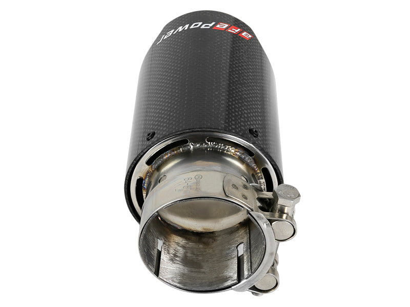 Afe MACH Force-Xp universal exhaust tip featuring a 2-1/2 inch inlet, 3-1/2 inch outlet, and 7 inch length with a sleek design.
