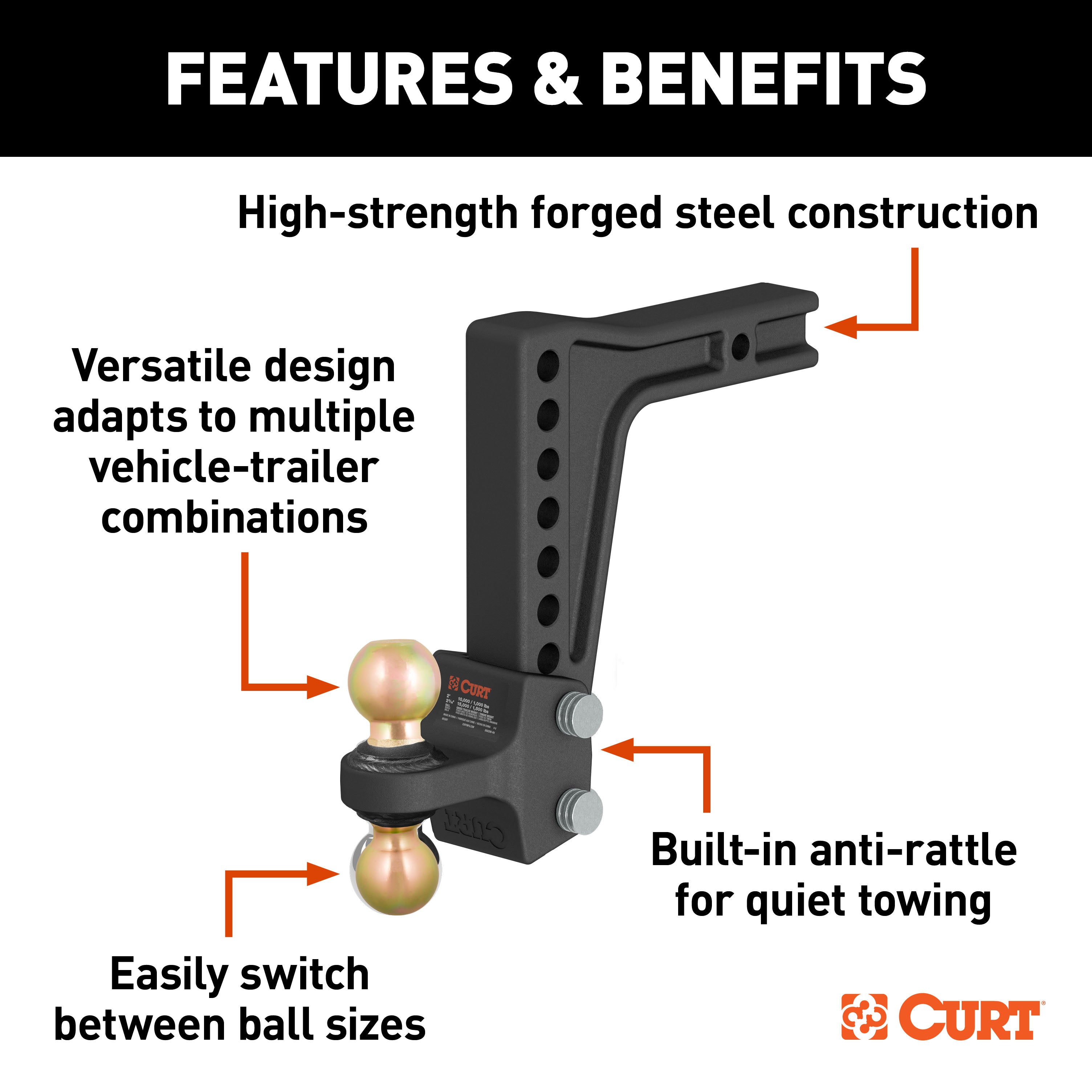 CURT HD Deep-Drop Adjustable Trailer Hitch Ball Mount with Dual Ball, 2-1/2" Shank, Up to 20,000 lbs Model 45939