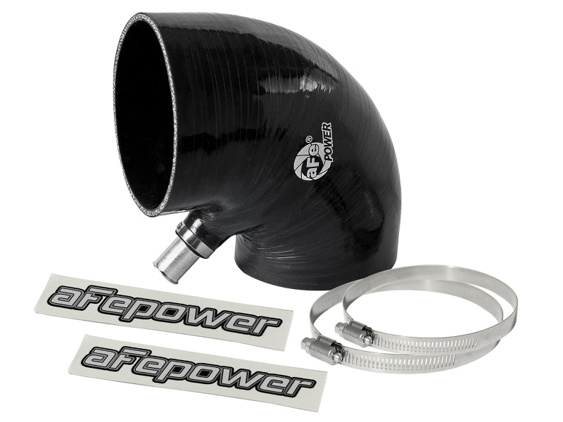 Black 90-degree elbow coupler for afe Magnum FORCE Intake, featuring 4-inch to 4.25-inch ID, includes clamps and stickers.