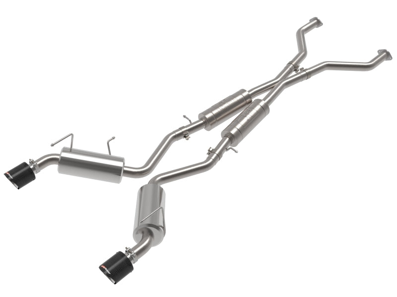 Cat-back exhaust system for Nissan 370Z, designed for V6-3.7L models from 2009 to 2020, featuring dual polished tips.