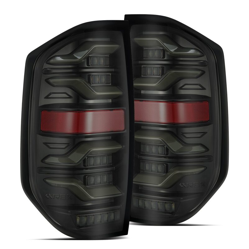 AlphaRex LUXX LED taillights for 14-21 Toyota Tundra in black with sequential signal and activation light features.