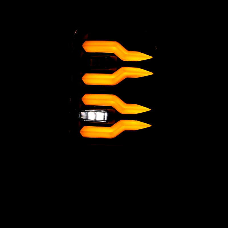 AlphaRex LUXX-Series LED tail lights for 94-01 Dodge Ram in alpha-black with distinctive orange and white lighting design.