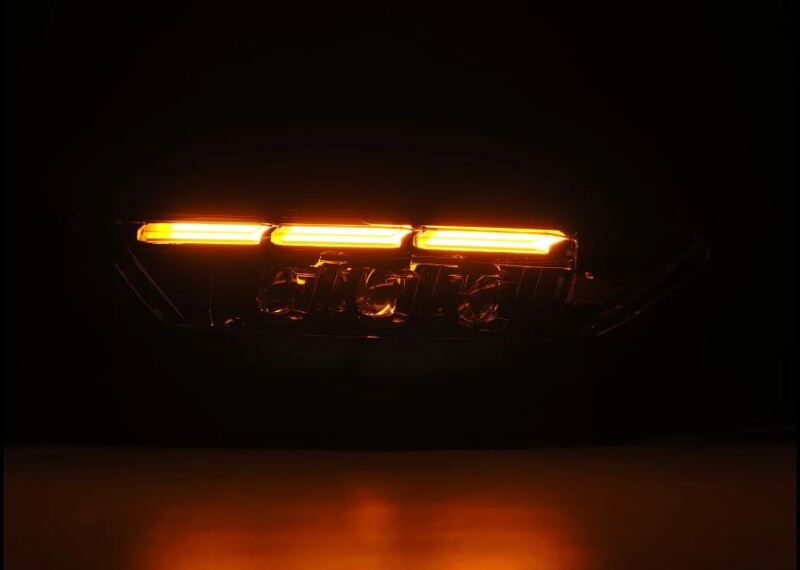 AlphaRex NOVA LED projector headlights for 15-17 Ford Mustang in alpha black with sequential signal and DRL features.