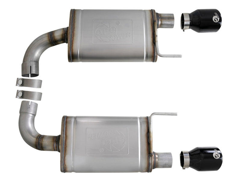 afe MACH Force-Xp axle-back exhaust system for Ford Mustang GT 15-17, featuring stainless steel construction and dual tips.